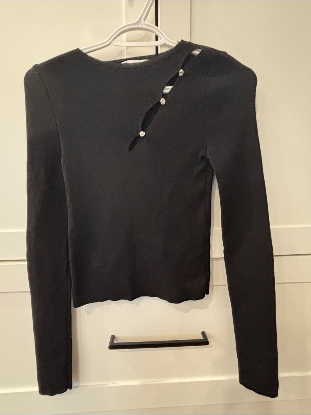 Zara Black Long-Sleeve Cutout Top with Rhinestone Buttons